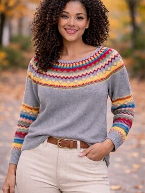 Gray Fair Isle Yoke Sweater - Multicolor Pattern Handmade